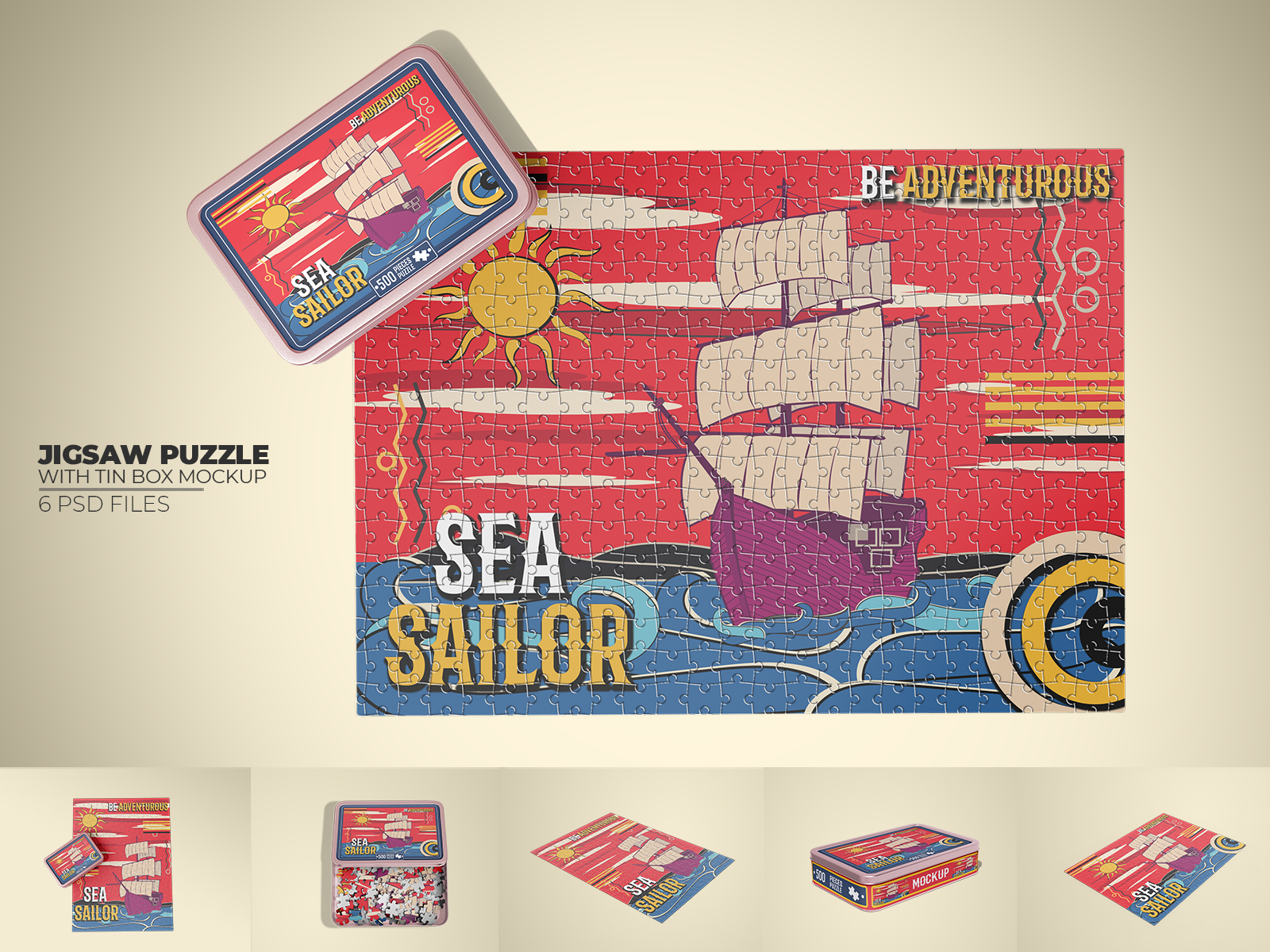 Jigsaw Puzzle Board with Rectangular Tin Box Mockup by Sheikha Design