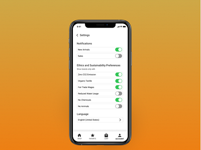 Sustainable Fashion Brand Mobile App Settings