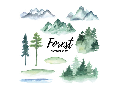 Watercolor green forest set. Hand-drawn hills and trees. wild