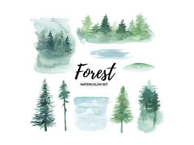 Watercolor forest trees set. Evergreen trees abstract splash