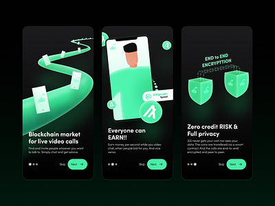 Splash screens for crypto based video calling app algo app design black design blockchain crypto mobile app desgn splash screen splash screens video call