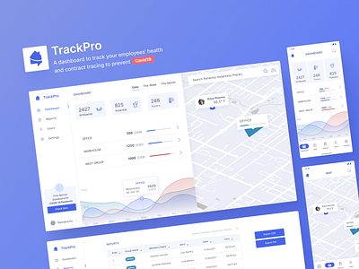 TrackPro - IOT based health tracking dashboard app armband classic dashbaord employee explorable map gradient graph health healthcare iot list map modern purple simple tracking ui uiux ux