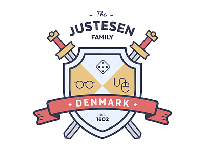 Justesen Family Crest banner bold code of arms crest family crest fantasy flat icons illustration logo medieval outlined shield swords traditional