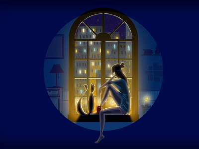 Alone in the city cat city girl home illustration night sweet home