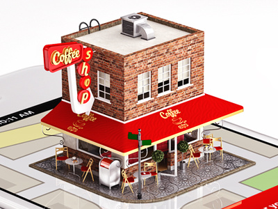 Coffee Shop Illustration 3d cafe cg coffee illustration iphone little map mark navigation photorealistic realism realistic red route shop texture app tiny