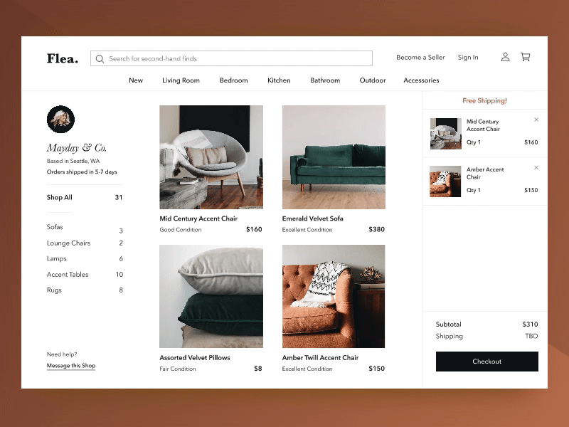 Flea | Second-hand Furniture Shop checkout ecommerce furniture home goods invision ui uidesign uiux userflow userinterface uxdesign web design
