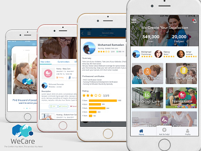 WeCare Mobile App care details elder handicap helper ios logo logo design mainpage mobile app mobile app design nursing onboarding service services user wecare