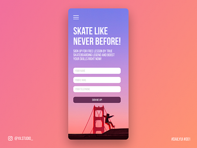 Skateboard free practice sign-up form UI design