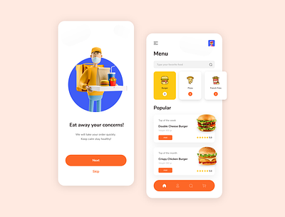 Food delivery 3d human app confinement covid 19 design food food delivery hamburger home screen icon onboarding pandemic pizza shot ui