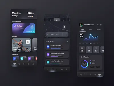 Sport App UI Concept app app design chart concept design figma figmadesign glassmorphism goalkeeper gym gym app map mobile app sport ui