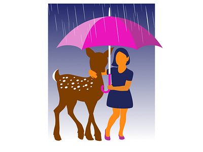 Girl sharing an umbrella with a deer