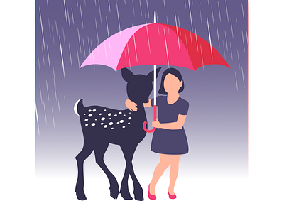 Girl sharing an umbrella with a deer