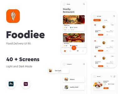 Foodiee - App UI/UX, Food Delivery App Design app design food delivery app illustration illustrator logo online food ordering ui ux vector