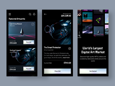 NFT Marketplace Mobile App app bitcoin clean ui crypto dark defi design eth ethereum holographic interface marketplace minimal mobile modern morva nft nft art uiux whitespace