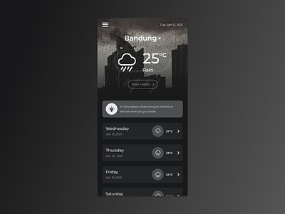 Weather Forecast App – Dark Mode app clean design dark mode design minimal mobile ui ux