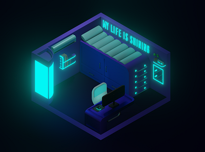 Neon Bedroom 3d bedroom blender bloom blue eevee glow illustration low poly model neon purple room techno