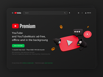 YouTube Premium page redesign 3d 3dmodel 3dmodelling black blender coin coins comment dark ui darkmode music play premium share subscribe subscription video youtube youtube banner yt