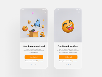 Onboarding for video promotion app 3d art app blender box coins comments heart hearts likes money onboarding onboarding ui promotion rocket share smile3d smiles startup tutorial