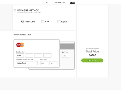 Shopping cart payment with credit card screen