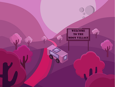 Moon village car forest hills landscape moon nature pink sky sunset travel trees trip van vector vector illustration village violet