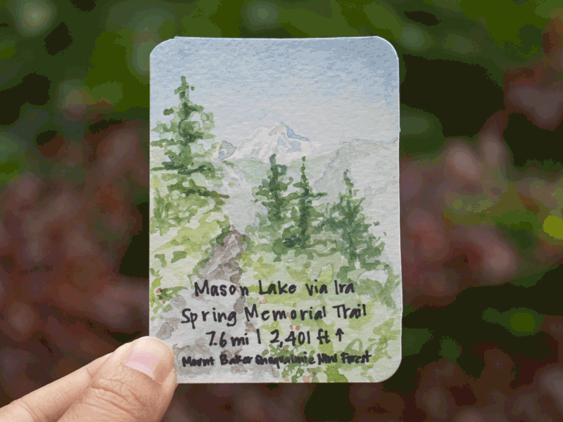 Mason Lake | PNW hike trading card animated hike memento painting trading card watercolor