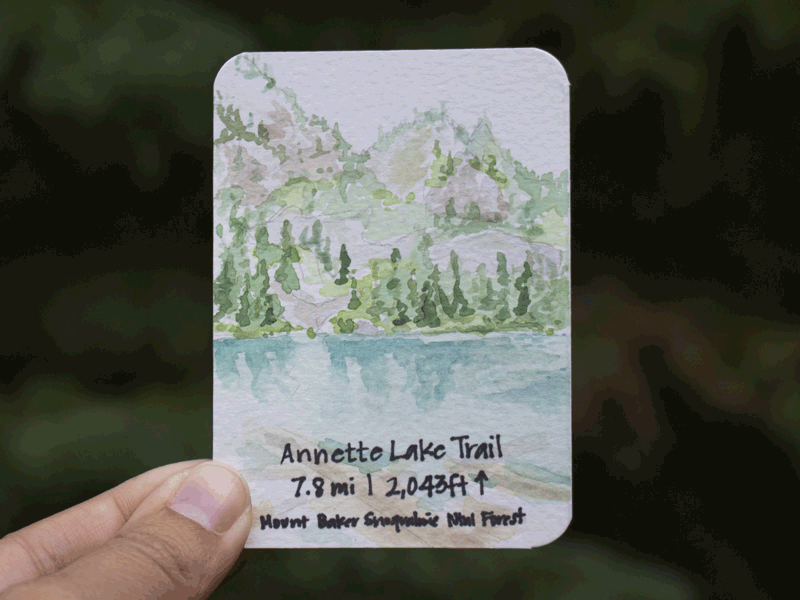 Annette Lake | PNW hike trading card animated hike memento painting trading card watercolor