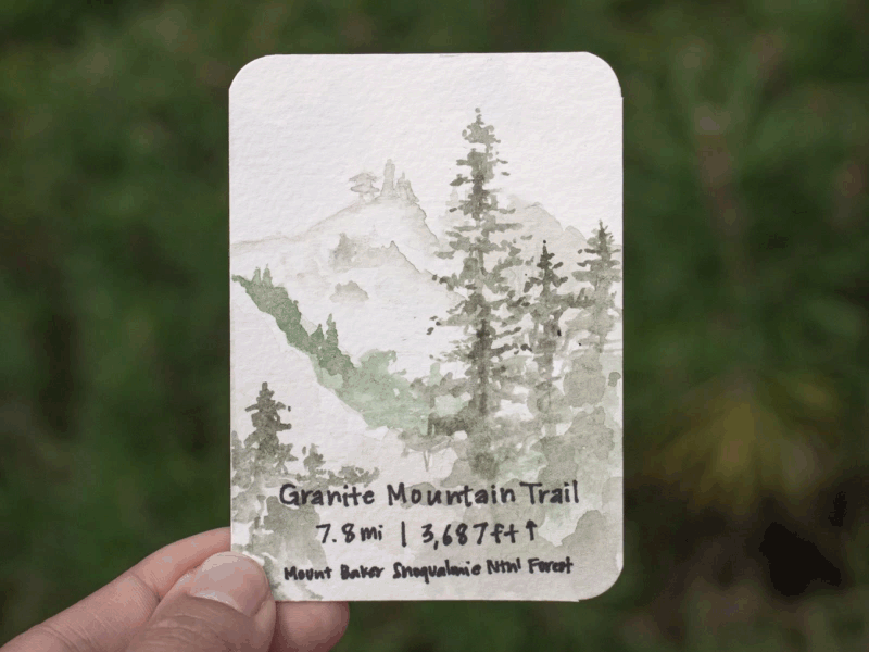 Granite Mountain | PNW hike trading card animated hike memento painting trading card watercolor