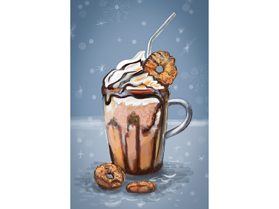 Coffee dessert with cream and cookies on a blue background. coffee cookies cream holiday ice cream latte. snowflake winter