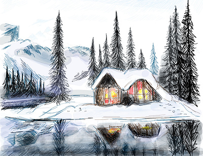 Sketch sketch of a house by the lake against the backdrop of pin barcode drawing forest graphics house lake landscape nature sketch tree