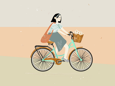 Girl on a retro bike. active bicycle biking cartoon character colorful cute cycle cyclist element exercise fashion female flat flower fun happiness happy healthy illustration