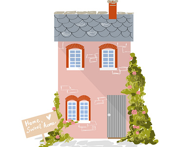 Cute pink house with a gray roof on a white background. architecture art beautiful building cartoon childish city colorful cottage cute decoration design door estonia exterior facade fashion flat flower house