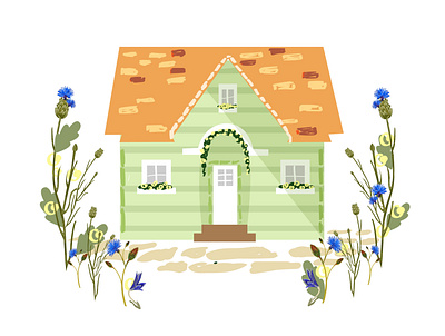 A cute green house with flowers and a flowerbed around. architecture art beautiful building cartoon childish city colorful cottage cute decoration design door estonia exterior facade fashion flat flower house