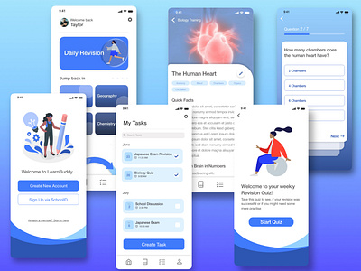 LearnBuddy App Design app blue design illustration learning mobile quiz ui ui design ux