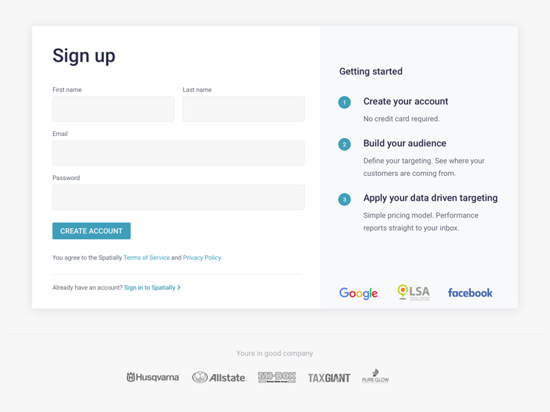 Spatially sign up - WIP wip startup seattle on boarding sign up