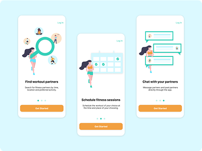 Fitness App Intro Screens app design app intro fitness fitness app getstarted illustrations intro page intro screen mobile ui onboarding onboarding screens onboarding ui product design user interface