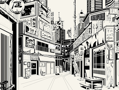 Books & Spirits - "Norwegian Wood" (H. Murakami) & Whiskey black white building blocks city illustration illustration ink perspective urban