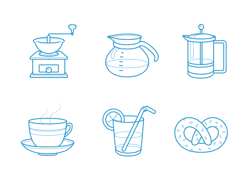 Coffee Icons beverage beverages cocktail coffee cup drinks french glass hand brewed coffee icon illustration kettle lemon line outline icons pastry pretzel set tea teapot