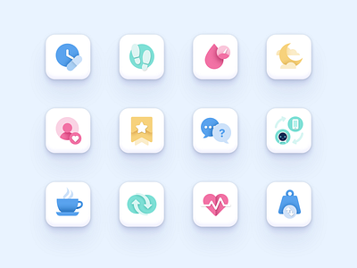 Pillo Health App Icon Set adherence blood blood pressure chat coffee connect icon icon collection illustration moon pulse sleep steps subscription support syncing time user vector weight