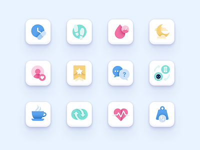 Pillo Health App Icon Set adherence blood blood pressure chat coffee connect icon icon collection illustration moon pulse sleep steps subscription support syncing time user vector weight