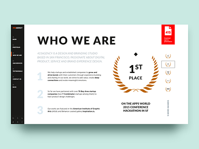 415Agency — Who we are about awards branding company cx digital font interaction layout logo menu presentation site story team typography ui ux website winning