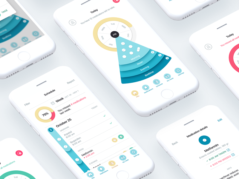Pillo Healthcare App Screens adherence android digital doctor health interaction ios med medicare medication medicine patient physician pill regimen schedule statistics treatment ui ux