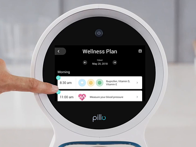 Pillo Home Healthcare Robot — Wellness Plan animation custom design device digital gif health icon interaction list med medical medicare notification pill popup routine schedule ui ux