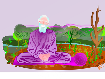 Monk yogin smiles sitting at countryside