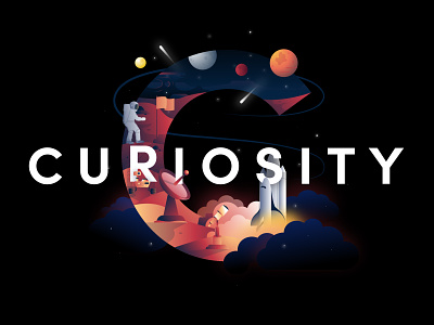 Curiosity curiosity design glucode illustration illustration design planets rocket space typography values wallpaper
