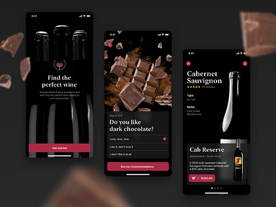 Wine Pairing App Concept app app design branding chocolate dark mode dark ui design glucode interface ios mobile mobile app mobile design typography ui ux wine