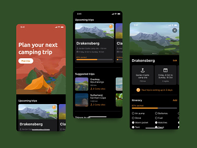 Camping App Concept adventure app checklist dark ui design glucode hiking illustration list mountains planning to-do travel trips typography ui ux vector