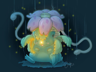 Pokémon Venusaur chibi cute fanart firefly flower grass pokemon rain starter venusaur water