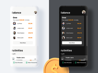 Split bill with friends dark dark ui mobile ui