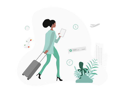 Working scenarios - Travelling consultant app brand branding design financial fintech flat graphic green illustration manager office people play screen ui ux vector web website