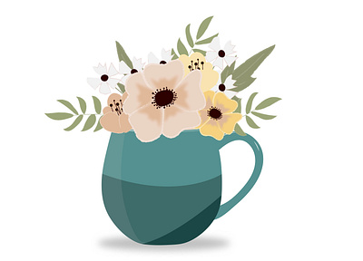 Turquoise Cup with flowers coffee cup cup flat flowers flowers in cup green illustration turquoise